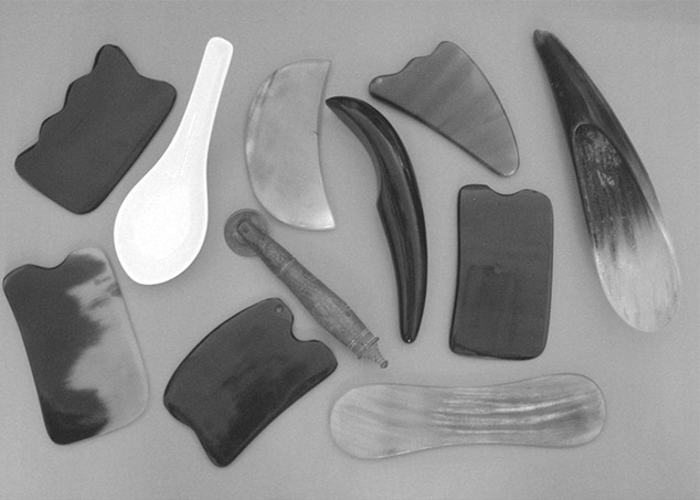 A selection of gua sha instruments, ranging from buffalo and goat horns, an old bronze coin with wooden handle, to a porcelain spoon, from Bruce's collection.