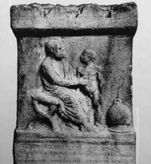 Fig 3: The tombstone of Jason, an Athenian physician of the early 2nd century AD, depicts him examining a boy who appears to be undernourished. The object to the right is an enlarged cupping vessel which shows the importance given to the instrument and practice. (Phillips, Plate 9, 1973)