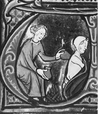 French illustration of cupping being performed beside a fire: note the wood burning on the ground between the practitioner and patient. It is found in a manuscript with the surrounding text including the word ventouse, which means cupping in French. (Dated 1287).