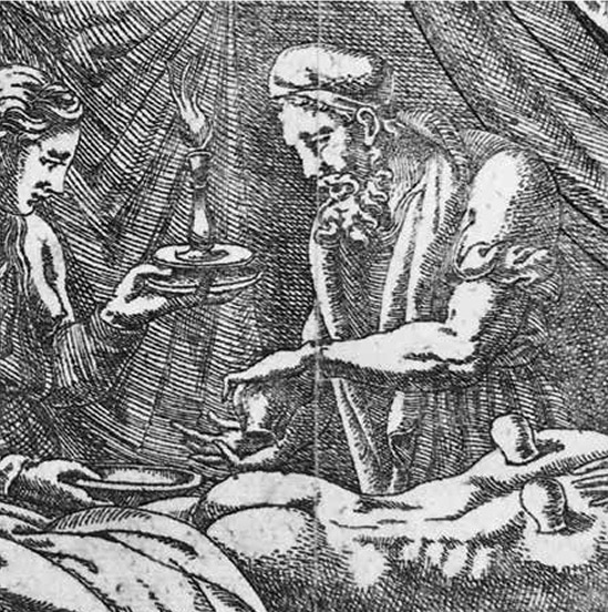 Detail featuring a physician using the flame from a candle (in a holder) to apply cups.