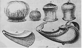 A metal lamp and cover alongside a variety of different shaped and sized cupping vessels (1781).