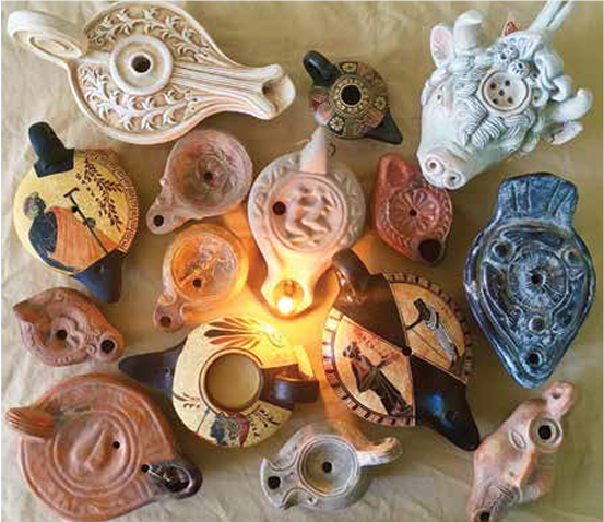 Greek oil lamps from the Classical Period (replicas from Bruce's collection, 2017).